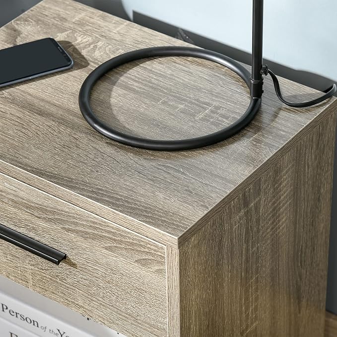 HOMCOM Modern Side Table, Accent Table with Drawer and Storage Shelf, End Table for Living Room, Gray Wood Grain