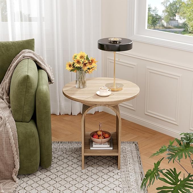 Side Table Set of 2, Round Coffee Table for Living Room, 2-Tier end Table with Storage and Thickened Tabletop, Modern Center Table Boho Small Bed Side Table for Living Room Office, Natural