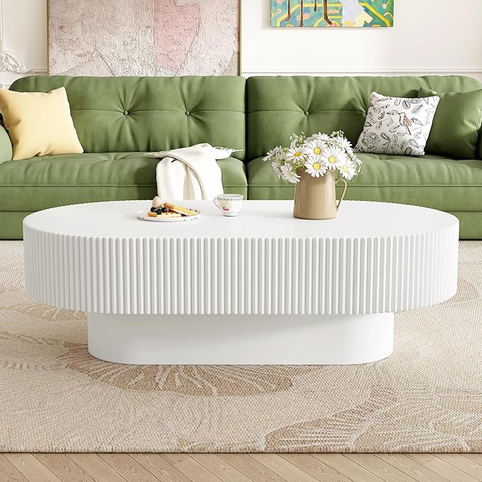 43.3" Oval Wood Coffee Table Modern White Fluted Coffee Tables for Living Room Drum Coffee Table with Sturdy Pedesta Circular Center Table for Apartment Living Room,Easy Assembly, White