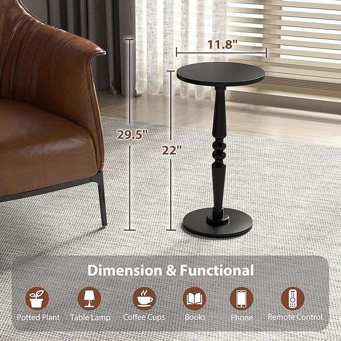 Round Side Table for Livingroom, Bedroom - Small Accent End Table Nightstand with Solid Wood Top and Pedestal Leg - Modern Drink Table for Small Spaces, Corners, Office