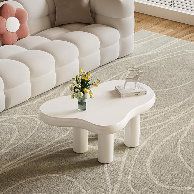 39.37" Cloud Coffee Table, Modern Coffee Table Small Coffee Table, 39.37 inch Wood Coffee Table Center Table, Cloud Shaped Accent Sofa Side Coffee Table for Living Room Apartment, Cream White