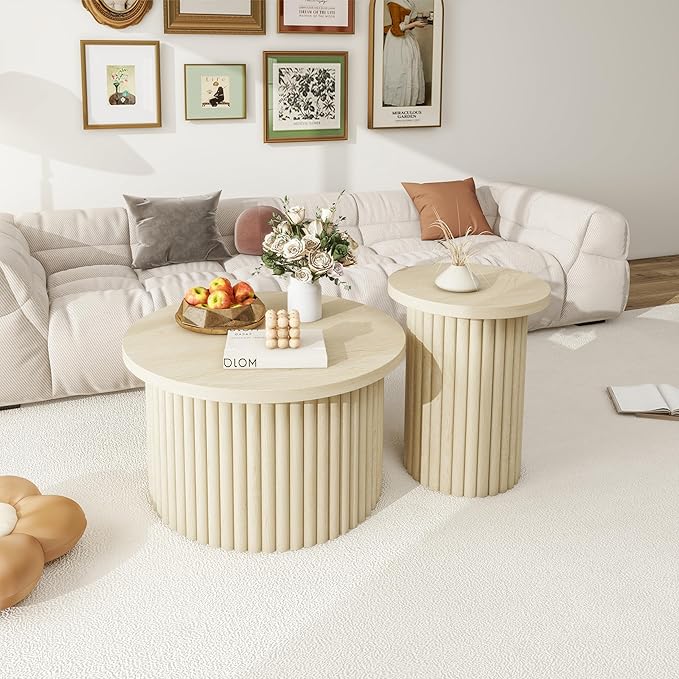 Nesting Coffee Table Set of 2, Modern Round Wooden Circle Accent Coffee Tables for Small Spaces Living Room Bedroom Balcony Office Drum Side Table