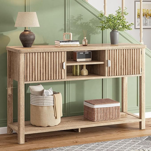 Fluted Console Table with 2 Door Cabinets, Modern Entryway Table with 3 Open Storage Shelves, Narrow Behind Couch Sofa Table for Living Room, Hallway, Foyer, 45.7" W×13.8" D×33.5" H, Oak