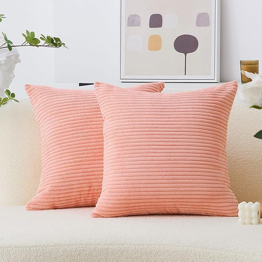 Home Brilliant Corduroy Throw Pillow Covers 16x16 Gifts for Her Accent Pillows 2 Pack Pink Throw Pillows for Couch Bedding Room, 40cm, 2 Pack, 16 x 16 Inch, Coral
