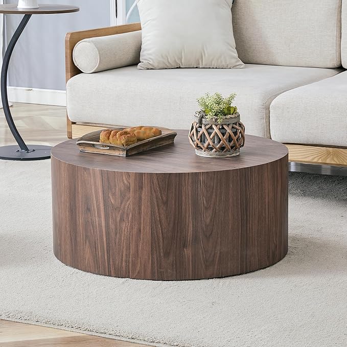 27.5" Round Wood Coffee Table, Modern Coffee Tables in Walnut Wood Finish for Living Room, Contemporary No Assembly Circle Wooden Center Cocktail Table for Bedroom, Reception Room