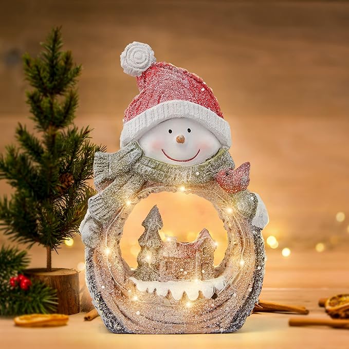 Snowman Statue with LED Lights for Christmas Decorations,Holiday Decor Figurine for Shelf Bookshelf Desk Fireplace Home Decor Accents,Indoor Winter Frosty Battery Operated 6h Timer