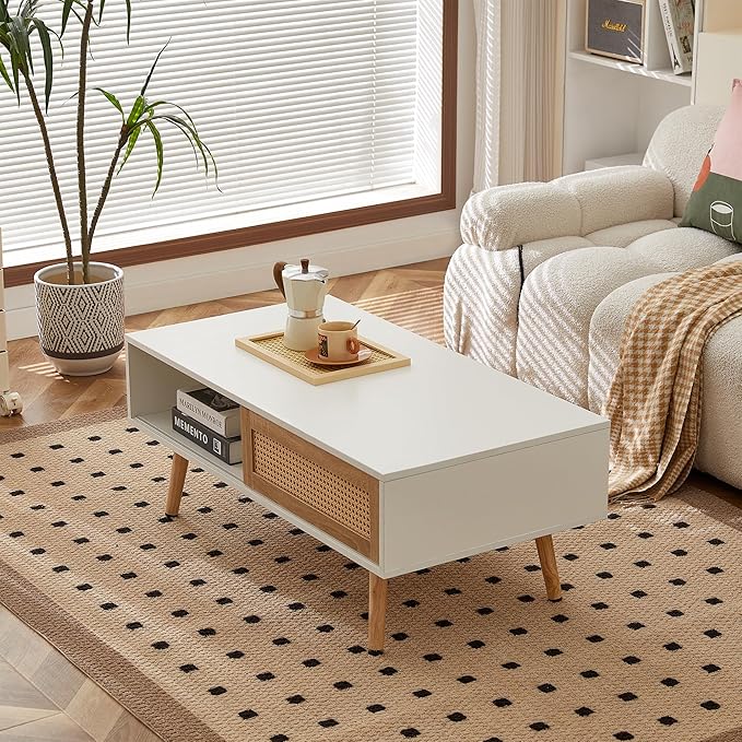 IANIYA 40.34" Boho Coffee Table, Rectangle Wooden Accent Center Tables, Living Room Table with Sliding PE Rattan & Solid Legs for Living Room, Apartment Small Space (White)
