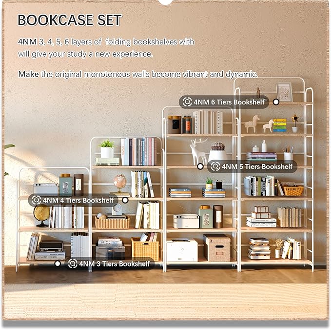 4NM No Assembly Folding Bookshelf, 6 Tiers Collapsible Book Shelves Open Industrial Foldable Storage Bookcase Shelf for Bedroom, Living Room, Home Office - Natural and White