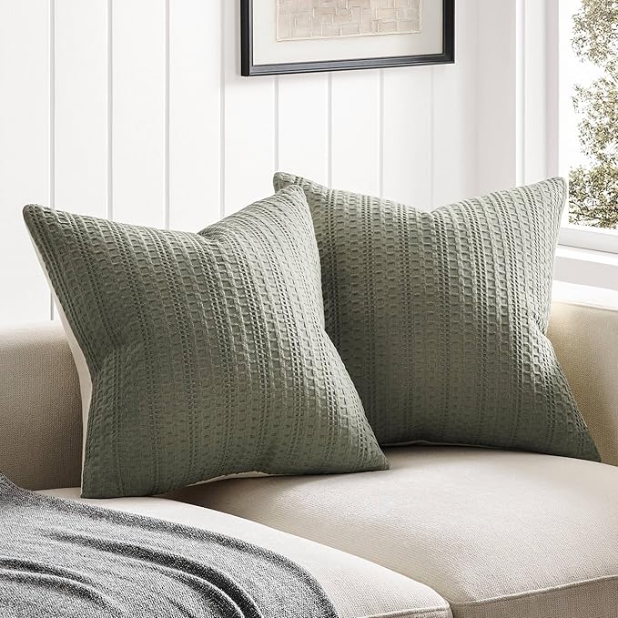 ZeeMart 100% Cotton Waffle Textured Throw Pillow Covers Set of 2, 18x18 Inch Olive, Soft Farmhouse Decorative Couch Pillow Cases Sage Green Cushion Covers for Sofa Bed Living Room Home Decor