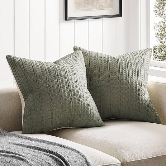 ZeeMart 100% Cotton Waffle Textured Throw Pillow Covers Set of 2, 18x18 Inch Olive, Soft Farmhouse Decorative Couch Pillow Cases Sage Green Cushion Covers for Sofa Bed Living Room Home Decor