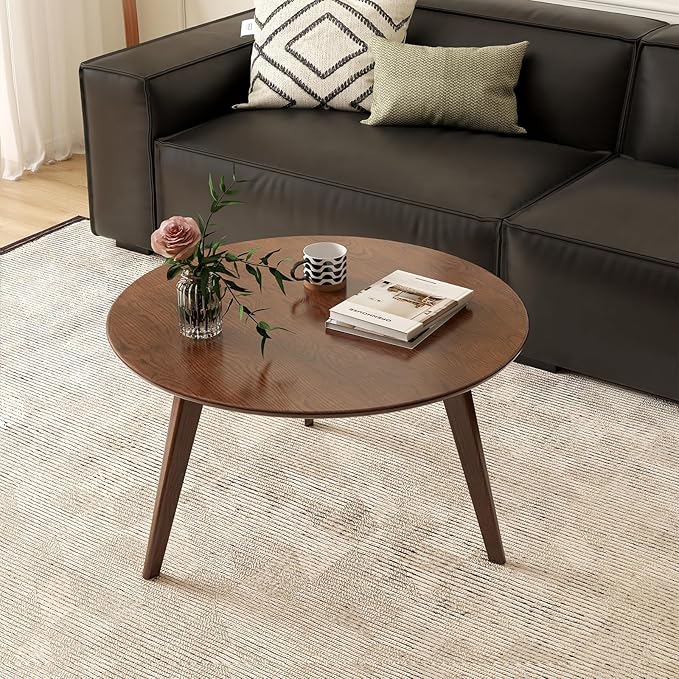 100% Solid Oak Wood Mini Coffee Table, Round Cofffe Tables Side Table w/Solid Wood Legs, Walnut Mid Century Table for Bedroom Balcony Living Room (29.53" D x 17.72" H)