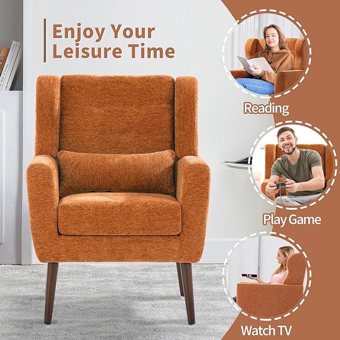 Modern Accent Chair, Upholstered Arm Chair with Waist Pillow, Single Sofa Chair for Living Room Bedroom Small Spaces (Orange)