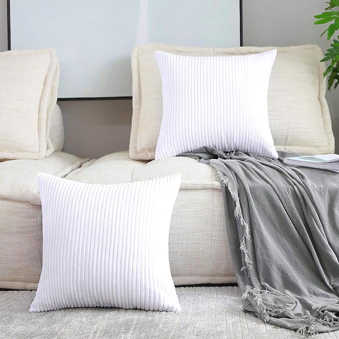 Home Brilliant 16x16 Throw Pillow Covers for Couch Striped Velvet Decorative Pillowcases for Chair Sofa Bench Toddler, 40x40 cm, Set of 2, Pure White
