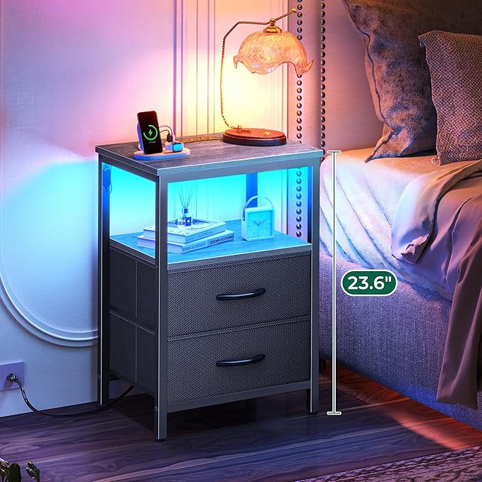Huuger Night Stand with Charger Station and LED Lights, 2 Drawer Nightstand, Bed Side Table with Open Shelf, End Table, Fabric Dresser for Bedroom, Grey