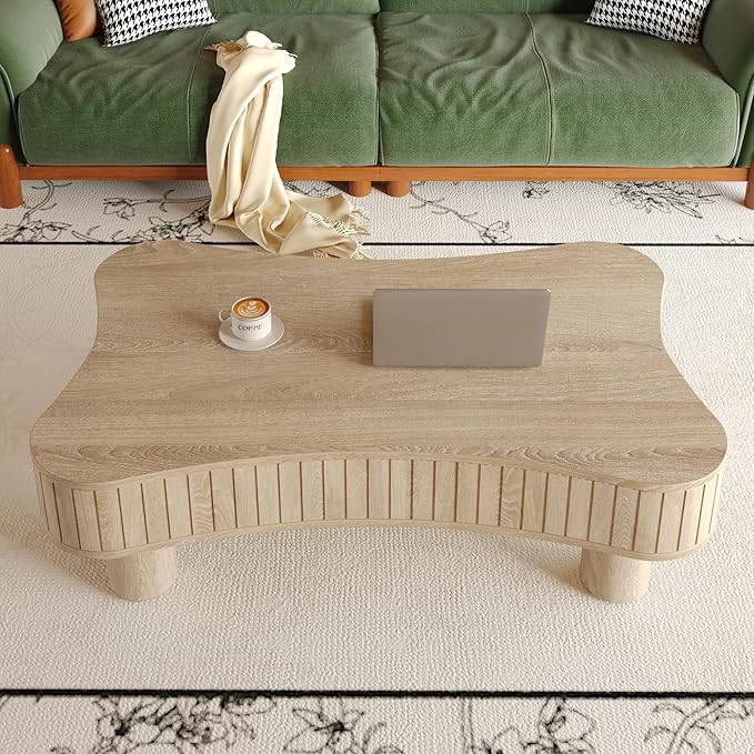 42.5" Lift Top Fluted Coffee Table with Hidden Storage Compartment, Modern Cloud-Shaped Wooden Center Table Cocktail Tea Table with Curved Safety Corners and Adjustable Height, Natural