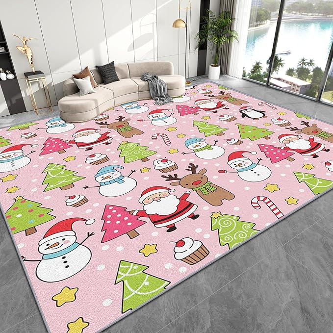Pink Christmas Rug Indoor - 7x10 Rug, Kids Santa Snowman Living Room Rugs, Pink Christmas Bedroom Rugs, Xmas Tree Candy Cane Carpet, Cartoon Reindeer Home Decor & Gifts