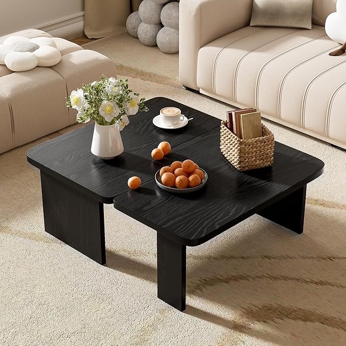 Modern Minimalist Coffee Table Set, Rectangular Modular Splicing Design, MDF Top & Wood Grain Veneer, Multifunctional Combination Center Table for Living Room,Black