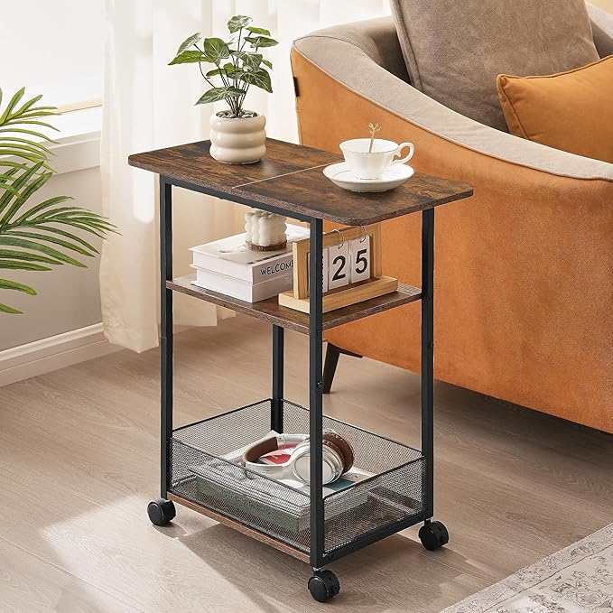 Side Table with Wheels, Narrow Side Table with 3-Layer Storage Shelves, Slim Nightstand, Metal Frame, for Small Spaces, Living Room, Bedroom, 23.6" D x 11.8" W x 25.2" H, Rustic Brown