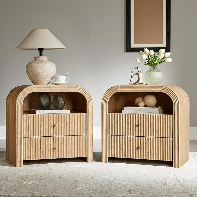 T4TREAM 24" Fluted Nightstand Set of 2, Large 2 Drawers Bedside Table with Charging Station, Modern End Table with Storage Night Stand for Bedroom, Living Room, Round Curved Corner Design, Natural Oak