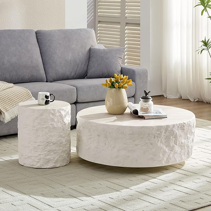 Nesting Coffee Table Set of 2, Modern Round Faux Marble Circle Accent Coffee Tables for Small Spaces Living Room Bedroom Balcony Office Drum Side Table