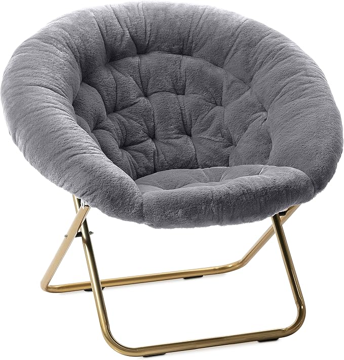 Milliard Saucer Chair For Adults, Teens & Kids, Grey, Faux Fur XL Circle Chair for Bedroom, Dorm & Gaming, Foldable Comfy Accent Seat for Small Spaces, Folding Moon / Mushroom / Round Oversized Style