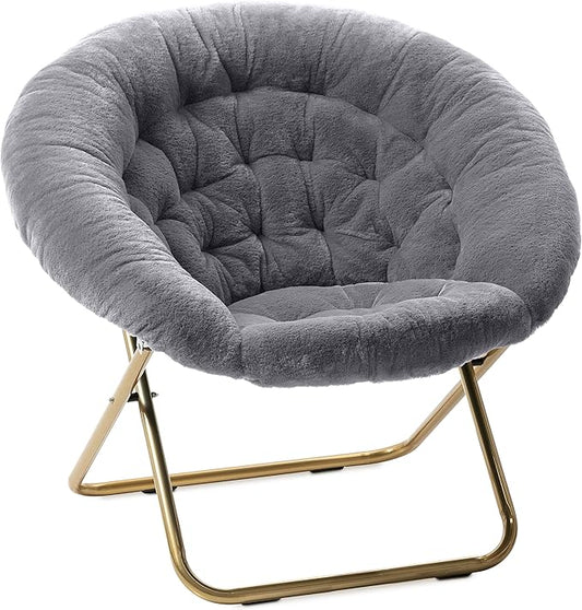 Milliard Saucer Chair For Adults, Teens & Kids, Grey, Faux Fur XL Circle Chair for Bedroom, Dorm & Gaming, Foldable Comfy Accent Seat for Small Spaces, Folding Moon / Mushroom / Round Oversized Style