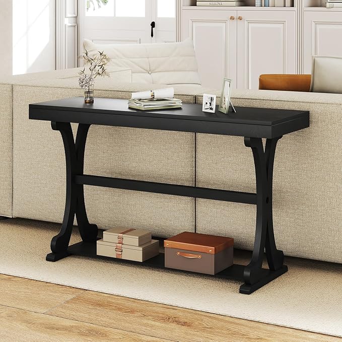 Giantex 52" Narrow Console Table, Vintage Accent Entryway Table with Open Storage Shelf, Long Wooden Behind Couch Sofa Table with Anti-tip Kit for Small Spaces Living Room Hallway (Black)