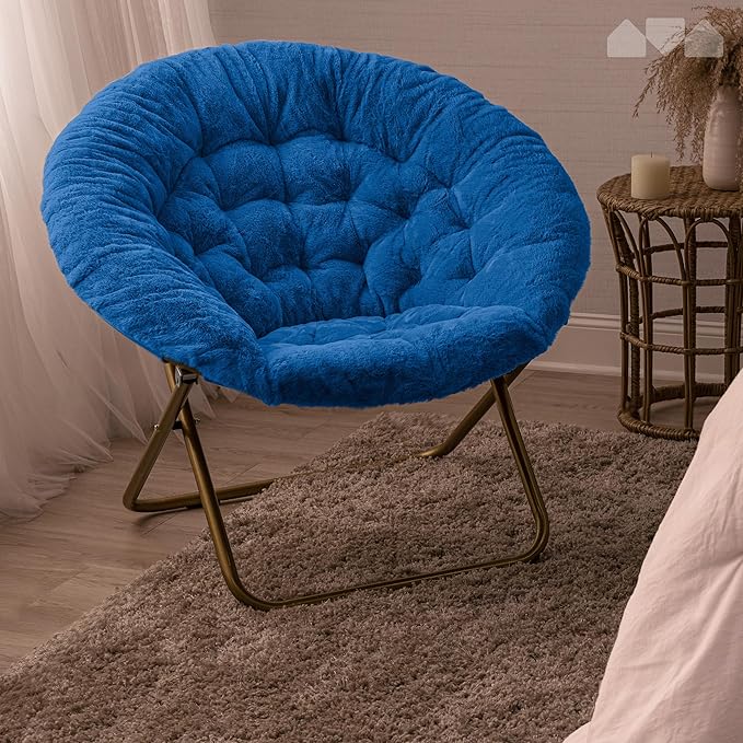 Milliard Saucer Chair for Adults, Teens & Kids, Royal Blue, Faux Fur XL Circle Chair for Bedroom, Dorm & Gaming, Foldable Comfy Accent Seat for Small Spaces, Folding Moon/Mushroom/Round Style