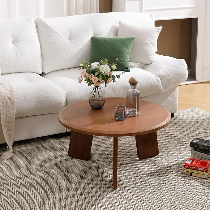 32" Round Coffee Table, Large Solid Wood French Country Accent Table, Farmhouse Side Table for Family/Office/Living Room/Sofa Couch End/Bedroom, Walnut