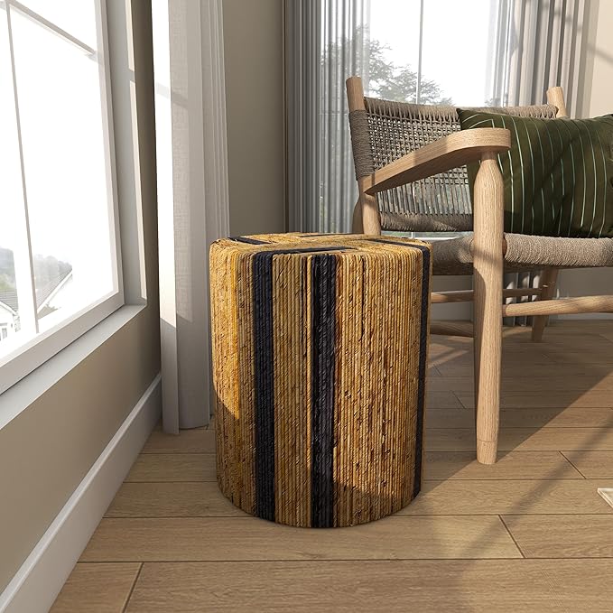 Deco 79 Banana Leaf Handmade Side End Accent Table Linear Wrapped End Table with Navy Stripes, Side Table 14" x 14" x 16", Brown