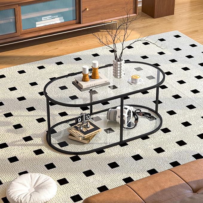Coffee Table Black Glass Coffee Table for Living Room,2 Tiers Oval Center Table with Sturdy Metal Frame,Modern Tempered Glass Accent Table for Bedroom Home Office