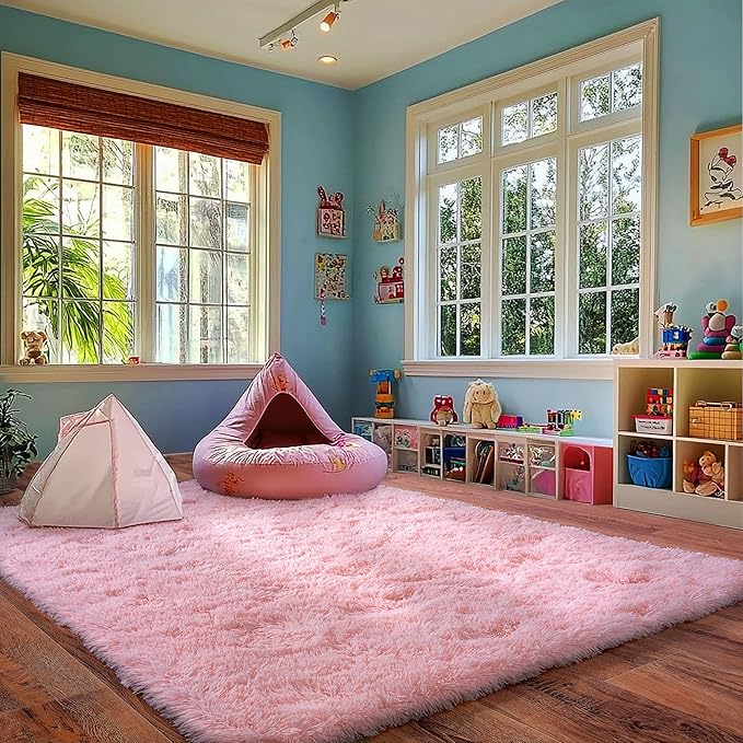 Pink Rug for Living Room, 9x12 Area Rug for Cute Girls Room, Bedside Indoor Floor Fluffy Shag Carpet, Plush Soft Rug for Bedroom Nursery Dorm Home Decor