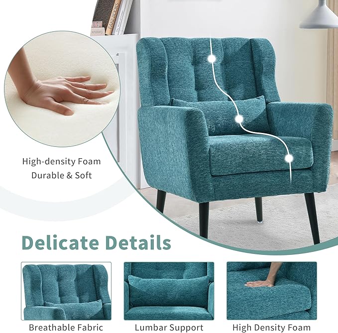 Modern Accent Chair, Upholstered Arm Chair with Waist Pillow, Single Sofa Chair for Living Room Bedroom Small Spaces (Teal)