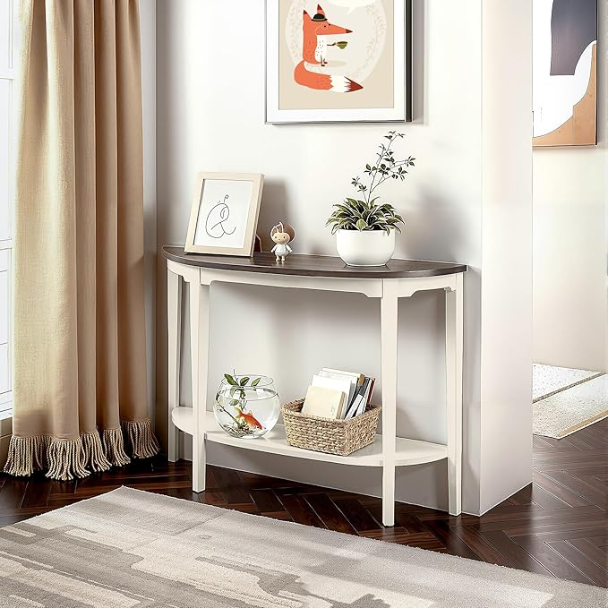 Half-Moon Console Table, 41" Long Sofa Table with Storage,2-Tier Brown Entryway Table for Living Room, Hallway, Entrance, Foyer