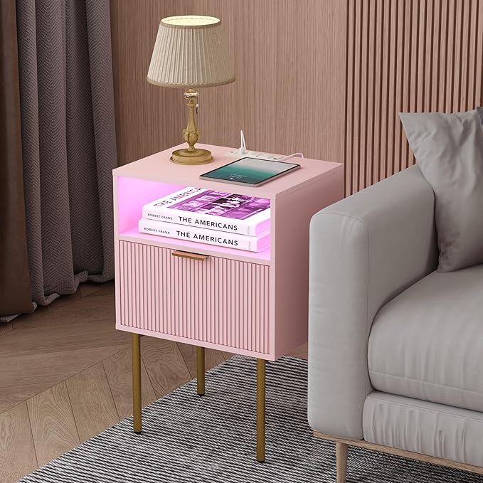 Modern Nightstand with Charging Station and LED Lights, White Bedside Table with Drawer, Fluted Side Table for Living Room, Bedroom