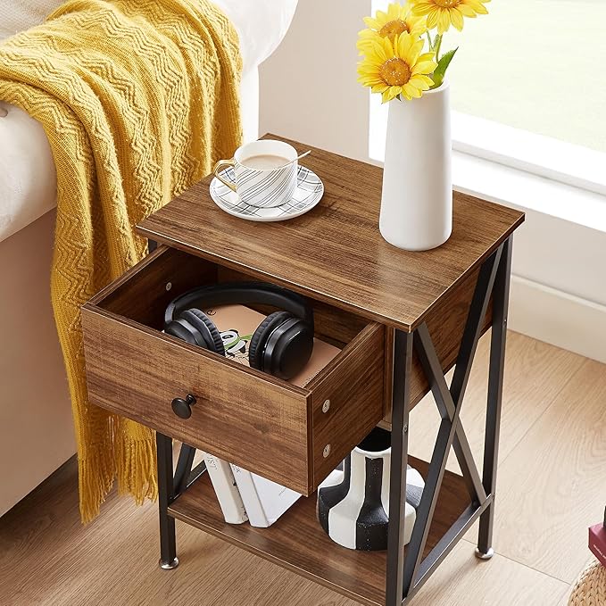VECELO Nightstands Set of 2, Modern Bedside End Tables, Night Stands with Drawer and Storage Shelf for Living Room Bedroom, Industrial Metal Frame