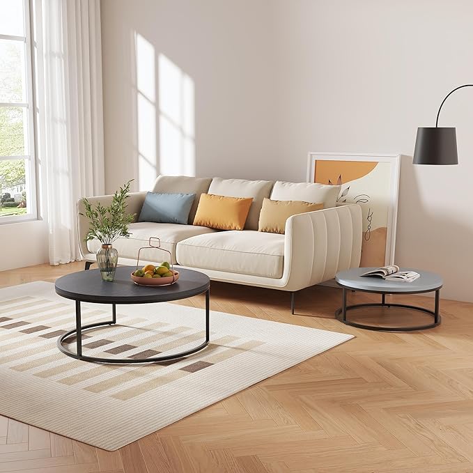 Round Nesting Coffee Table Set of 2, Modern Minimalist Accent Tables for Living Room, Bedroom, Office, Stackable Side Tables (Light & Dark Grey)