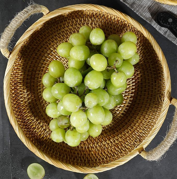 Rattan Round Fruit Basket for Table Wicker Bread Tray with Handle for Serving Food, Crackers, Snacks (11inch D x 1.8inch H)