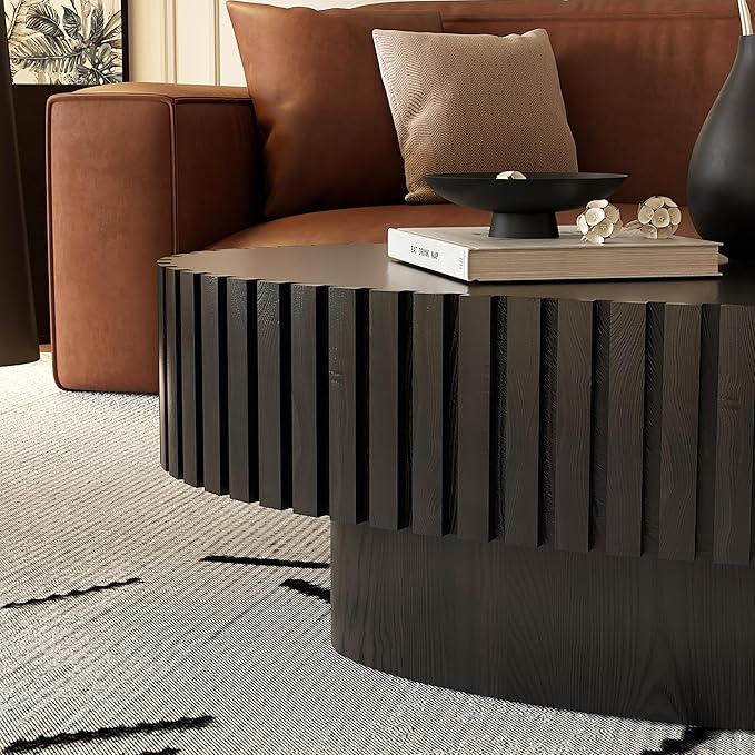 43.31" Oval Drum Coffee Table, Modern Handcraft Fluted Drum Center Table, Wooden Oval Coffee Table Center Table with Sturdy Pedestal for Living Room Apartment (Black)