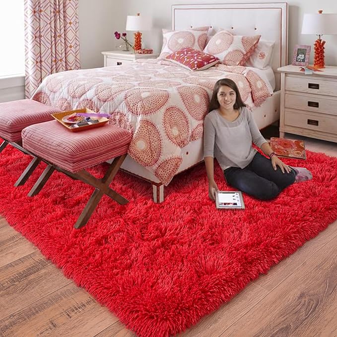 Rugs for Living Room 9x12, Soft Shaggy Modern Shag Area Rug for Bedroom, Upgrade Non-Slip Plush Fluffy Carpet for Kids Boys Girls Room Home Decor Aesthetic, Red