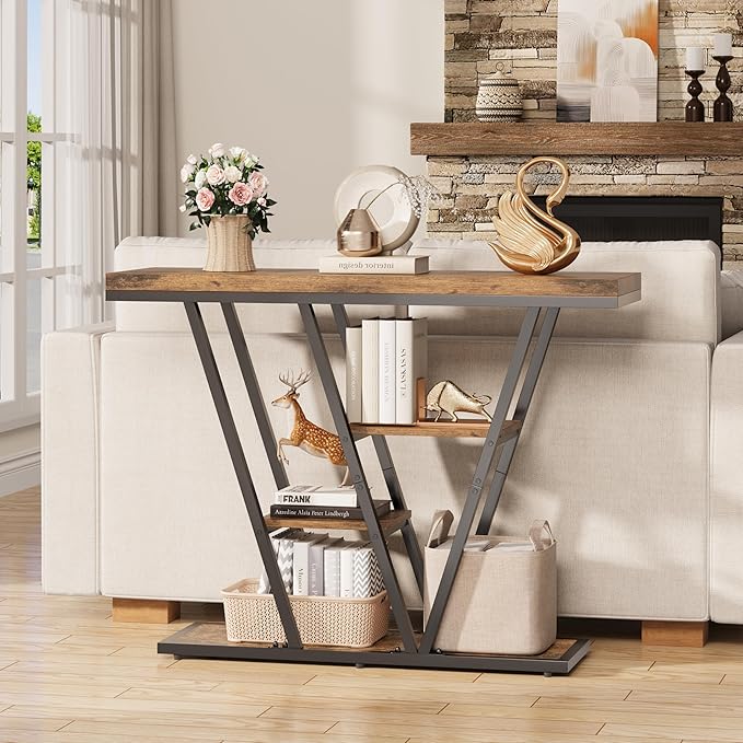 POZILAN 41.3" Console Table for Entryway, 4-Tier Sofa Entryway Table, Narrow Side Tables with Storage Shelves, Farmhouse Accent Hallway Tables for Living Room, Foyer, Entrance, Rustic Brown