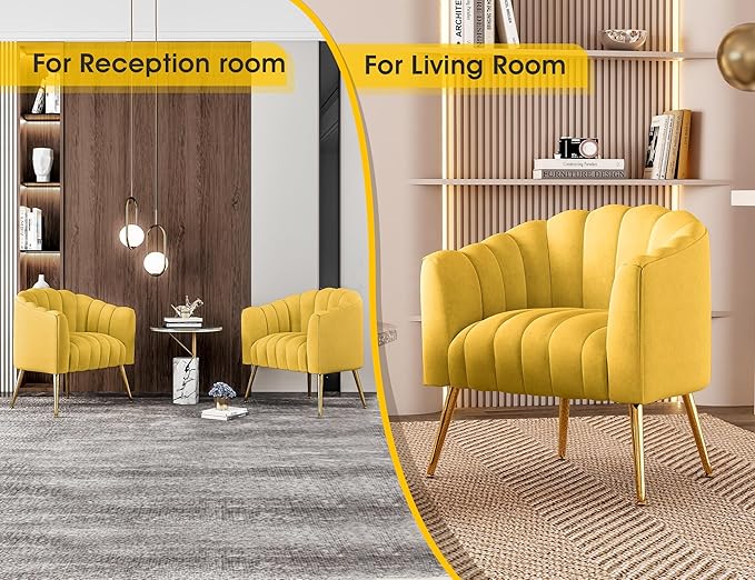 Oversized Pumpkin Couch Accent Chair, Modern Comfy Velvet Upholstered Barrel Chairs, Luxury Single Sofa Armchair for Living Room, Waiting Room, Office and Vanity, (Yellow)