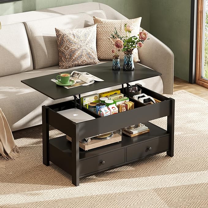 WLIVE Coffee Table, Lift Top Coffee Table with 2 Drawers, Large Hidden Hidden Compartment and Open Shelf, Lift Tabletop, Dining Table for Living Room, Black