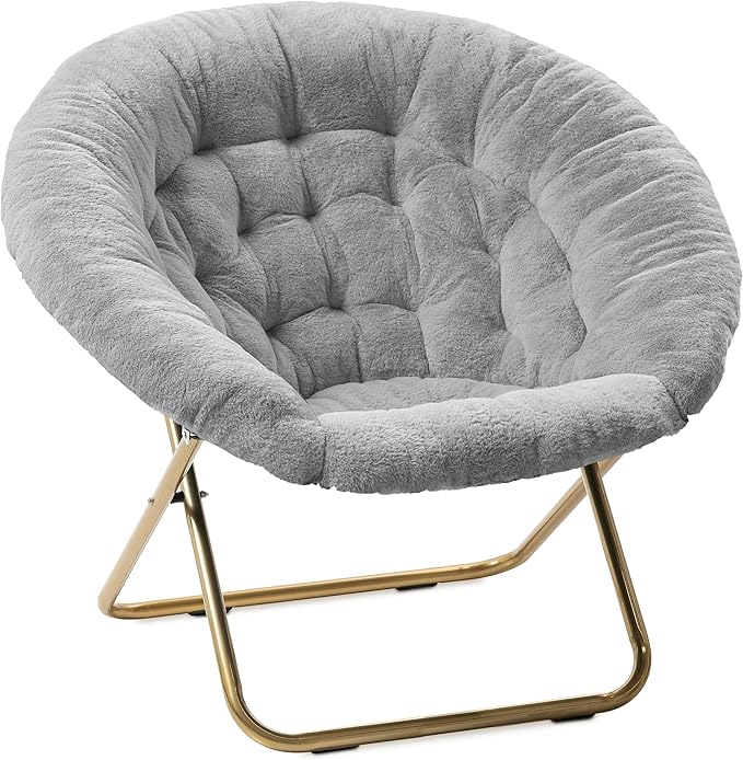 Milliard Saucer Chair for Adults, Teens & Kids, Light Grey, Faux Fur XL Circle Chair for Bedroom, Dorm & Gaming, Foldable Comfy Accent Seat for Small Spaces, Folding Moon/Mushroom/Round Style