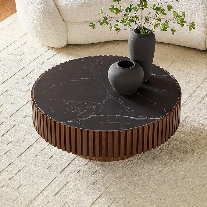35.43" Round Coffee Table,Modern Handcraft Relief Drum Circle Wood Side End Accent Center for Living Room, Apartment, Walnut