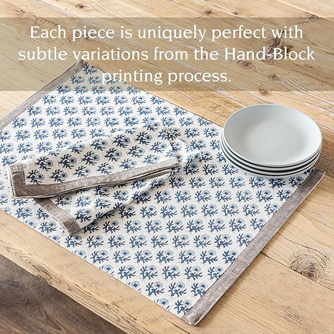 Over&Back Set of 4 Hand-Blocked Placemats - Colorful Dining Table Mat - Each Placemat is Unique - 100% Cotton - Machine Washable - Kitchen and Home Decor - Blue Blossom