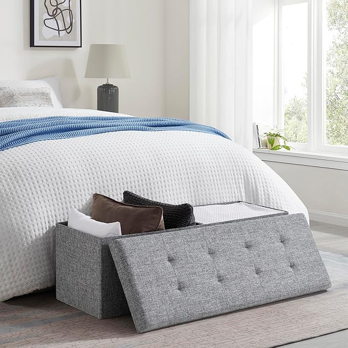 Ornavo Home 43 Inch Folding Storage Ottoman, Long Large Storage Ottoman Chest, Foot Rest Stool, Bedroom Bench - (Gray)