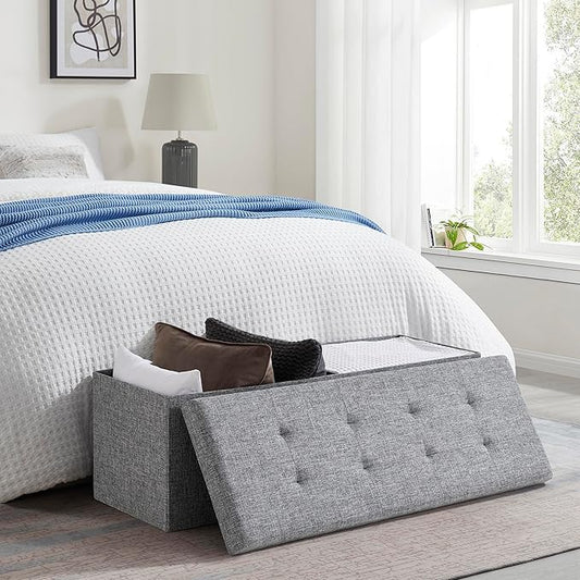 Ornavo Home 43 Inch Folding Storage Ottoman, Long Large Storage Ottoman Chest, Foot Rest Stool, Bedroom Bench - (Gray)