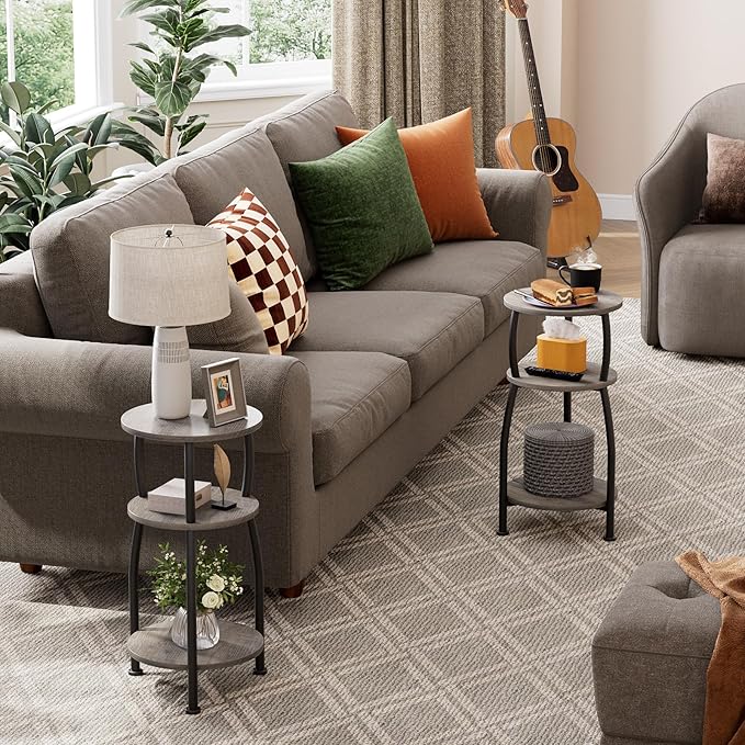 Small Round Side Table, 3-Tier End Table with Storage Shelf, Slim Sofa Table Coffee Table, Sturdy & Easy Assemble Nightstand for Small Spaces, Living Room Bedroom Corner, Grey