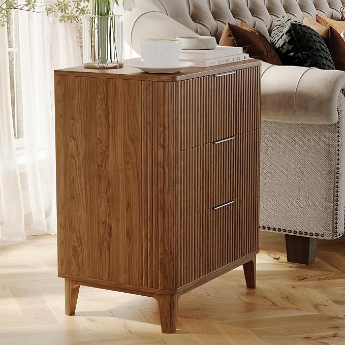 3 Drawer Fluted Dresser for Bedroom, Modern Closet Dressers Chest of Drawers, 23.6" Rustic Wood Nightstand 3-Drawer Dresser Bedside Table, Curved End Table with 3 Large Drawers for Living Room Walnut